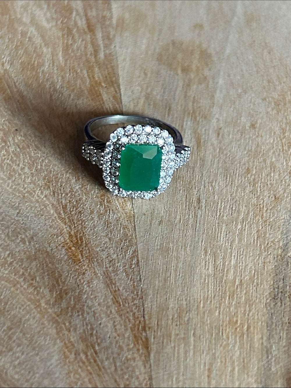Silver Ring with Green Center Stone and Pavé Halo - Women Jewelry